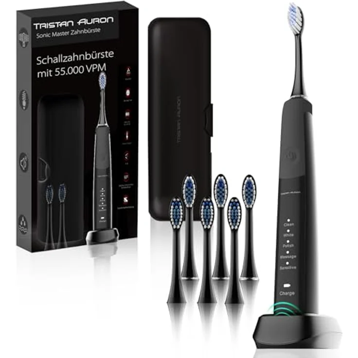 Tristan Auron Sonic Master Schallzahnbürste – Elektrische Zahnbürste mit 55.000 Schwingungen & 5 Modi – 60 Tage Akku – inkl. Reiseetui & 6 Aufsteckbürsten – ergonomisch & wasserfest (Schwarz) – Bild 1