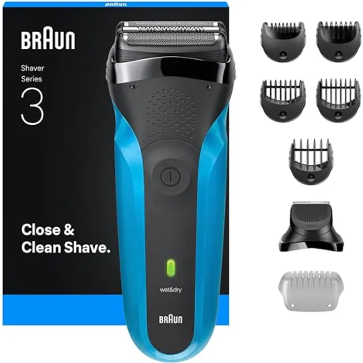 Braun Series 3, Elektrorasierer mit Barttrimmer-Aufsatz, wasserfest und 45 Minuten Akkulaufzeit