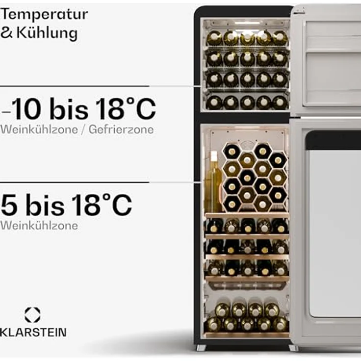 Klarstein Shirley Weinkühlschrank mit Gefrierfach, freistehend, 63 Flaschen, zwei Zonen, –10 bis 18 °C, ledbeleuchtet, Retro-Design, schwarz – Bild 4