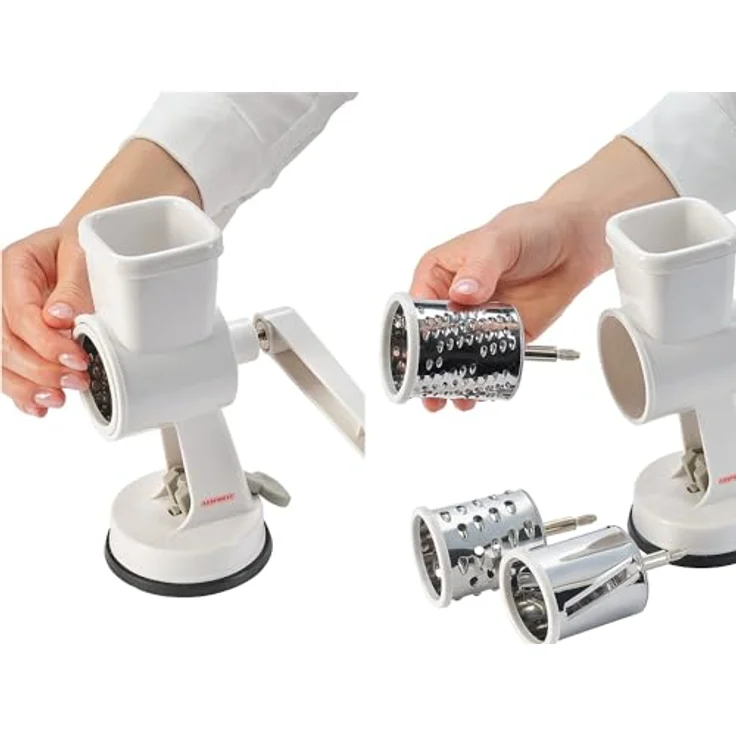 Leifheit Trommelreibe mit 3 auswechselbaren Klingen zum Raspeln und Schneiden, Gemüsereibe, Nussmühle, feines und grobes Mahlen, rutschsichere Parmesanreibe mit Kurbel, Reibemaschine, Mandelmühle – Bild 3