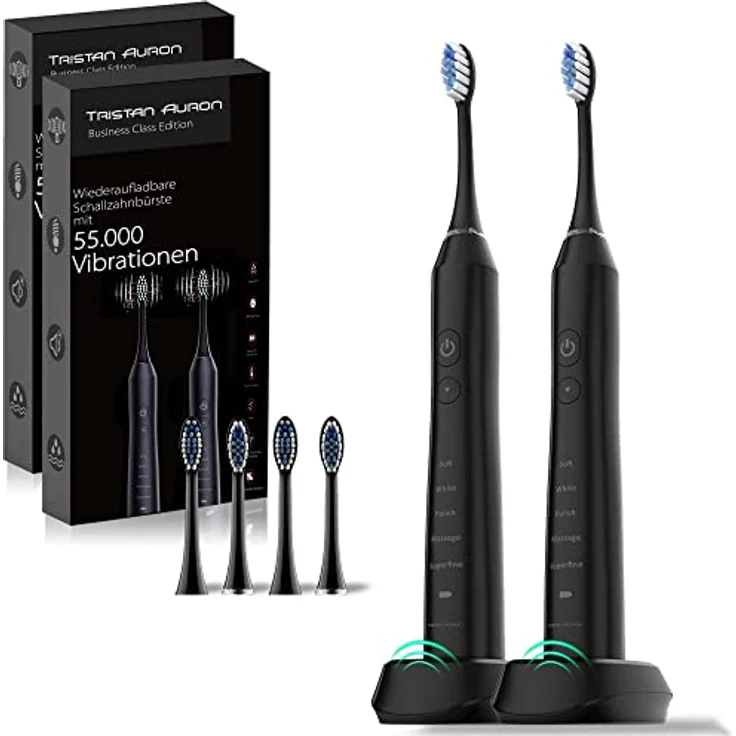 Tristan Auron Doppelpack Schallzahnbürste, 55.000 Vibrationen, 60 Tage Akku, 5 Putzmodi, Business Edition in Schwarz – Bild 1