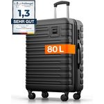 Travely Premium Koffer 24" mit über 75L Volumen, Hartschalen Koffer in robustem Polycarbonat, sanfte Rollen & TSA Schloss, Reisekoffer - Schwarz