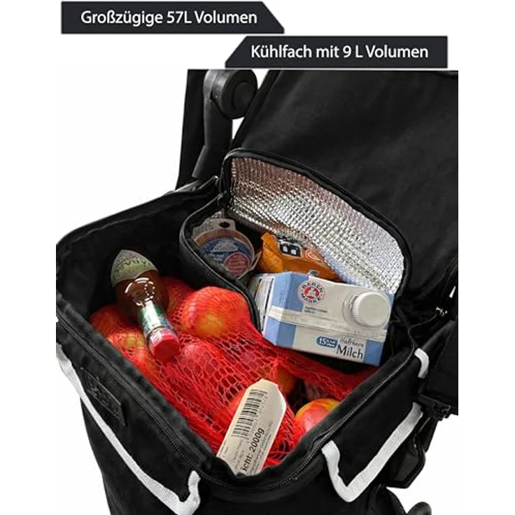 Quick Star Einkaufstrolley Faltbar, Aluminium, 58 l, 50 kg Traglast, schwarz, mit Kühlfach und Treppensteiger-Rollen – Bild 4