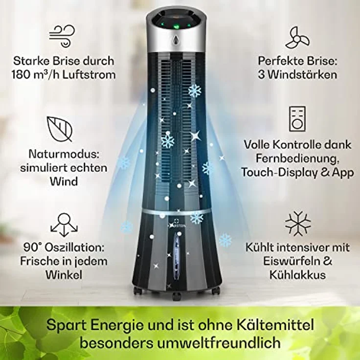 Klarstein Ventilatorkombigerät Skyscraper Ice Smart 4-in-1 Luftkühler & Ventilator WiFi 210m³-h Fernbedienung, Klimagerät ohne Abluftschlauch Klimaanlage mobil – Bild 3