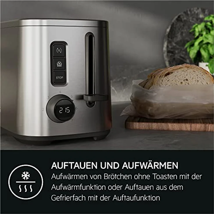 AEG T5-1-4ST Toaster Deli 5 / 7 Toasteinstellungen / Countdown-Timer / Stopp-, Auftau-, Aufwärmknopf / Automatische Zentrierung / Cool-Touch-Gehäuse / Breite Schlitze / Krümelschublade / Edelstahl – Bild 3