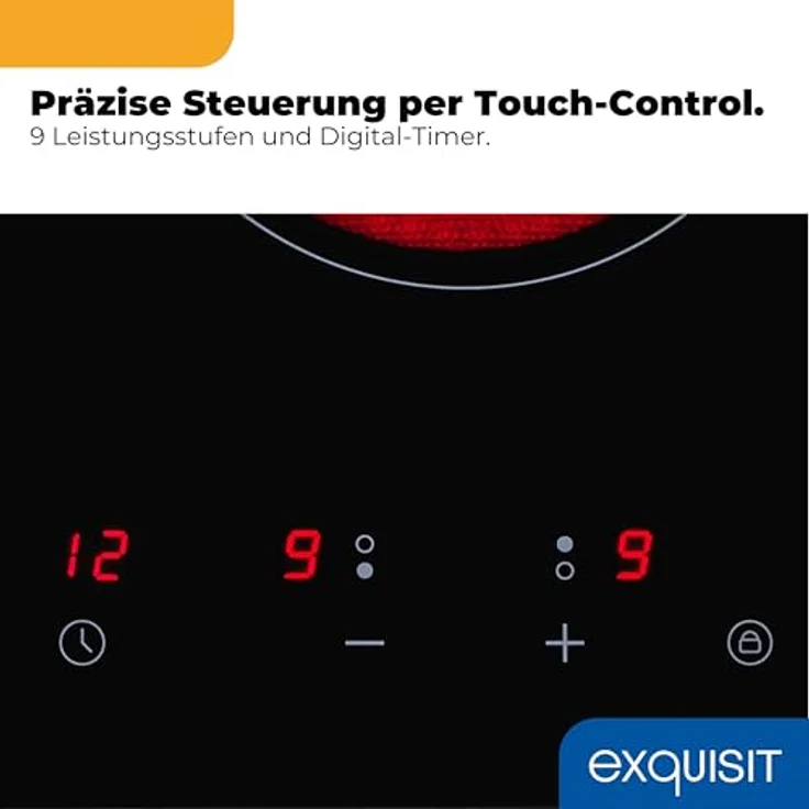 Exquisit EKC300-490 Glaskeramik-Kochfeld, 2 Kochzonen, 3000 W, Touch-Control, rahmenlos, kompakte Maße 29 x 52 cm, Sicherheitsabschaltung, Restwärmeanzeige, schwarz – Bild 6