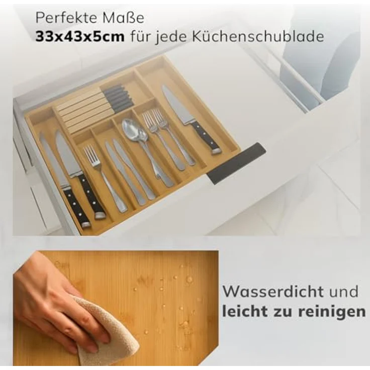 Roxlin Besteckkasten Bambus, Messerhalter und Schubladen Organizer, 57 cm x 43 cm, Farbe Natur – Bild 7