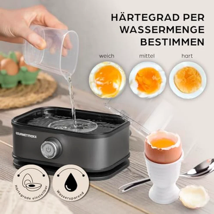 GOURMETmaxx Eierkocher für 6 Eier, elektrisch mit 3 Härtegraden, Anthrazit, inkl. Eierstecher und spülmaschinenfesten Teilen – Bild 3