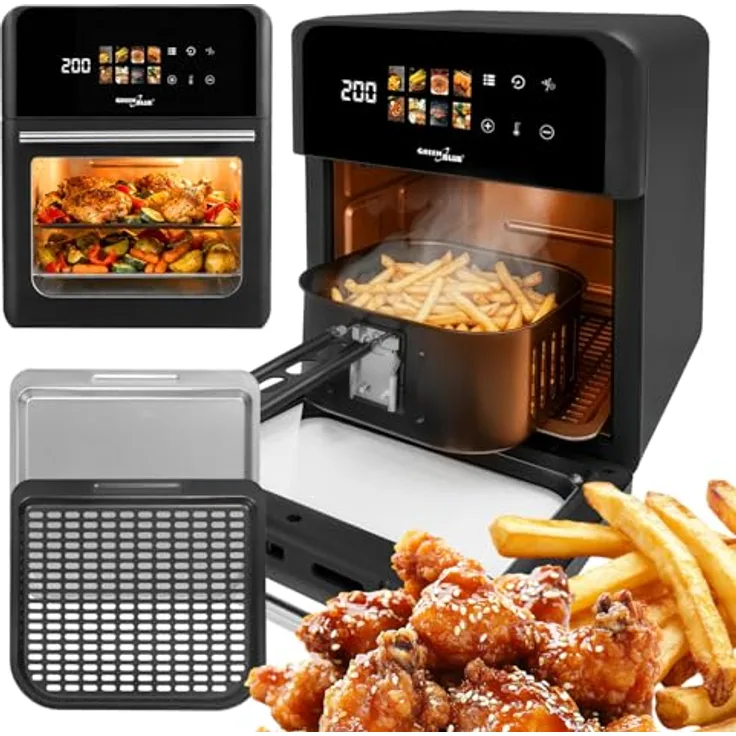 GreenBlue GB950 AIR FRYER, Heißluftfritteuse mit 1800 W, 10 l, 8 Programme, Schwarz, Zubehör inklusive