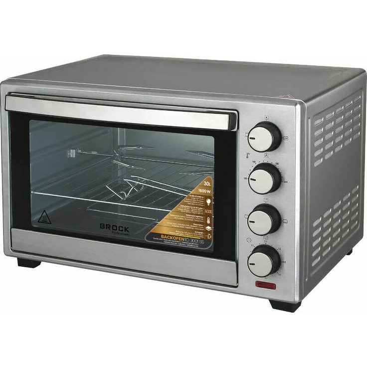 Brock Electronics TO 3001 SS, 33 l Edelstahl Minibackofen, mechanische Drehregler, 100 - 230 °C, 60 min, Heißluft-Funktion