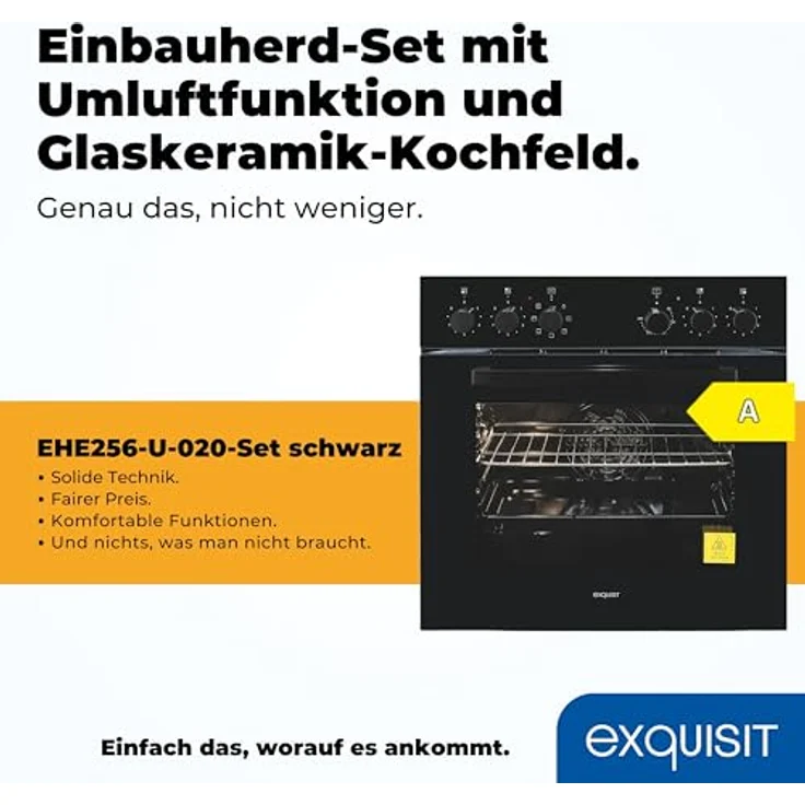 Exquisit Herd-Set EHE256-U-020-Set schwarz, 60 cm mit 59,0 l Garraum, A Energieeffizienz und Glaskeramik Kochfeld – Bild 2