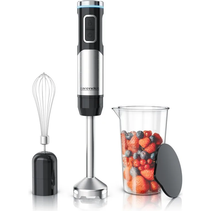 Arendo Akku-Stabmixer Edelstahl, 200 W Handmixer mit stufenloser Regelung, Li-Ionen-Akku, Schneebesen, 4-Klingen-Messer und Messbecher