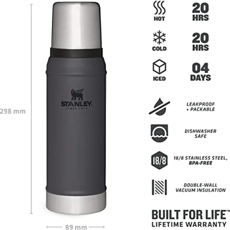 Stanley Classic Legendary Thermosflasche 750 ml Charcoal - Edelstahl Thermoskanne - BPA-frei - Thermos Hält 20 Stunden Heiß oder Kalt - Deckel Fungiert Auch als Trinkbecher - Spülmaschinenfest – Bild 3
