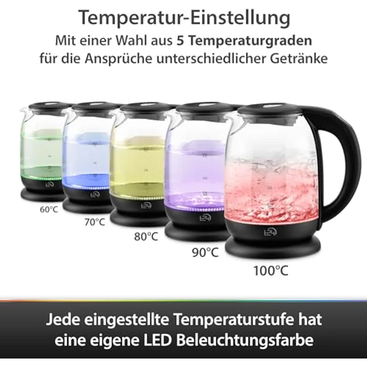 T24 Wasserkocher Glas 1,7 L, Schwarz mit LED Beleuchtung, 2.200W, Temperatureinstellung 60-100 °C – Bild 4