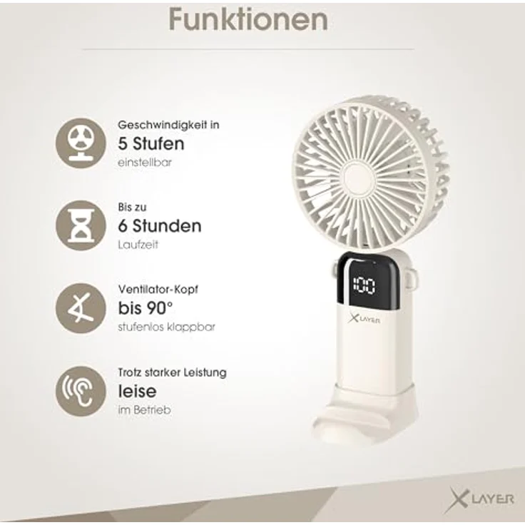Xlayer Handventilator klappbar mit Smartphone Halterung, 1.200 mAh, 5 Geschwindigkeiten, beige – Bild 3