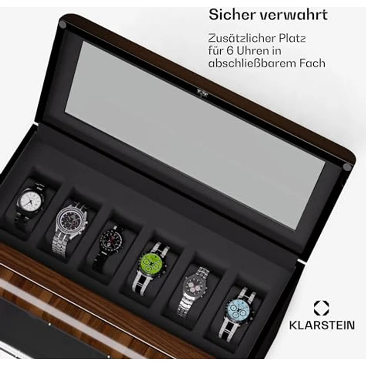 Klarstein Valmont 12+6 Uhrenbeweger, eleganter Uhrenaufbewahrer mit Touch-Panel, abschließbarem Fach für 6 Uhren, anpassbaren Uhrenkissen und LED-Beleuchtung – Bild 6