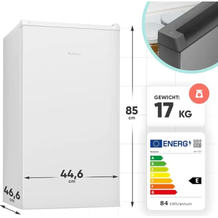 Bomann® KS 7257, kleiner Kühlschrank mit Gefrierfach, 83L, Temperaturbereich 0°C bis +8°C, 2 Glasablagen, 3 Türablagen, weiß – Bild 7