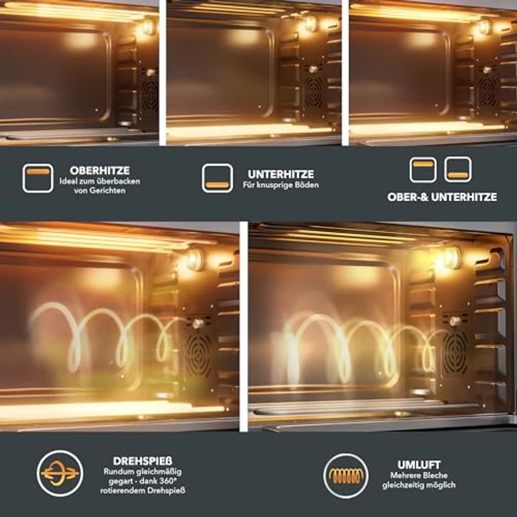 Heinrich´s Multibackofen, Minibackofen mit 30L Volumen, Umluft, 1600W, Touch-Bedienung, 8h Timer, Innenbeleuchtung, schwarz – Bild 5