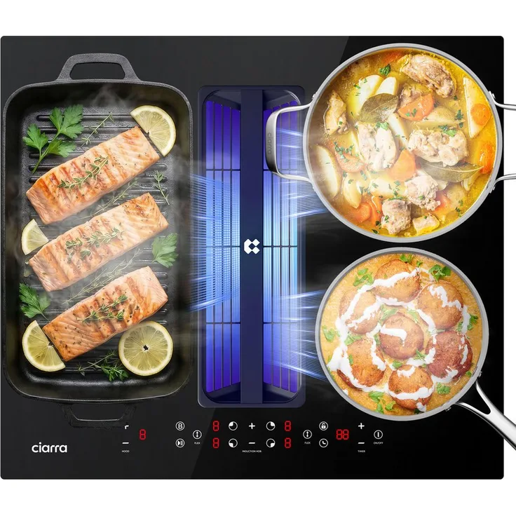 CIARRA Kochfeld mit Dunstabzug CBBEH594BBFF, 60 cm Induktionskochfeld mit 4 Zonen, 2 Flexzonen, Plasma⁺-System, schwarz