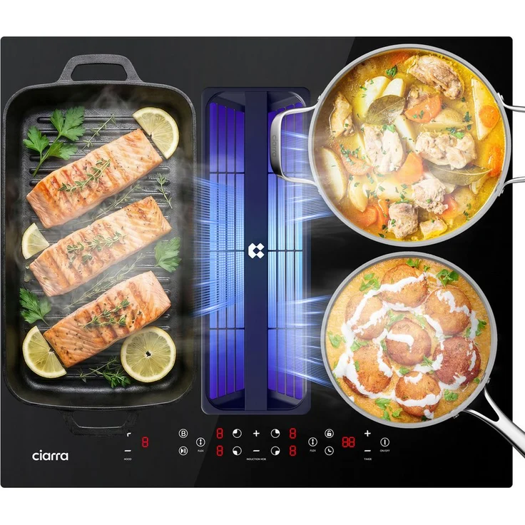 CIARRA Kochfeld mit Dunstabzug CBBEH594BBFF, 60 cm Induktionskochfeld mit 4 Zonen, 2 Flexzonen, Plasma⁺-System, schwarz