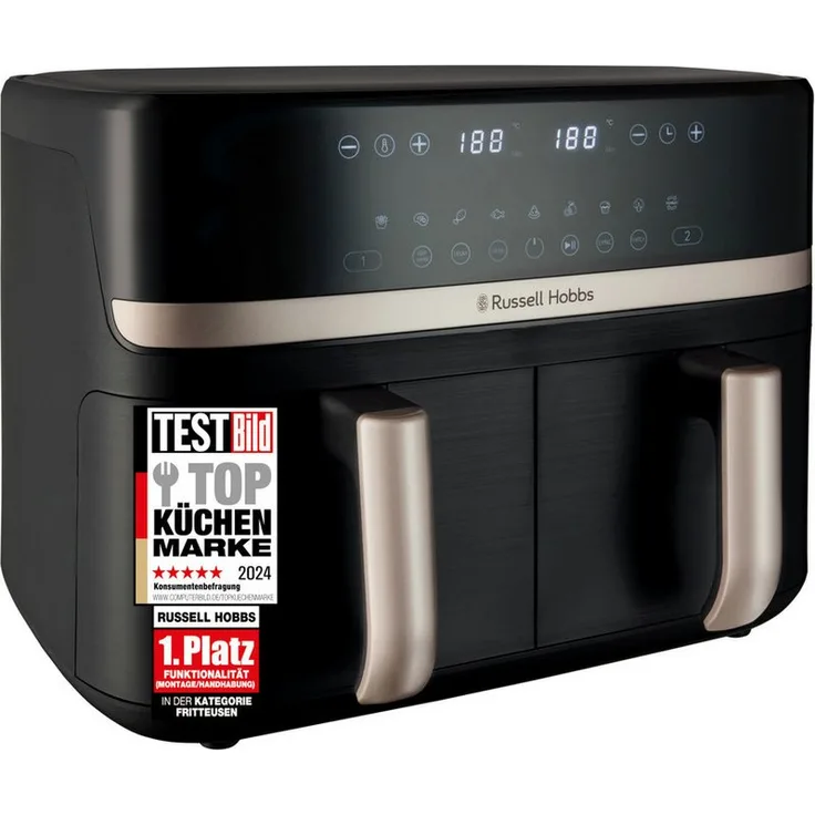 RUSSELL HOBBS Satisfry Dual Basket Heißluftfritteuse 9L mit Rapid-Air-Technologie, digitalem Touchscreen und 9 Programmen, schwarz/silber