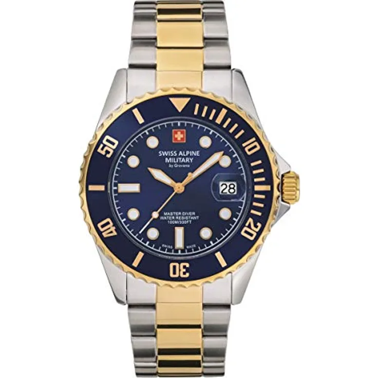 Swiss Alpine Military 7053.1 Master-Diver Herren-Armbanduhr, analog, Quarz, Edelstahl, zweifarbig/blau/blau - Datumsanzeige, Leuchtzeiger - 1145sam, Armband