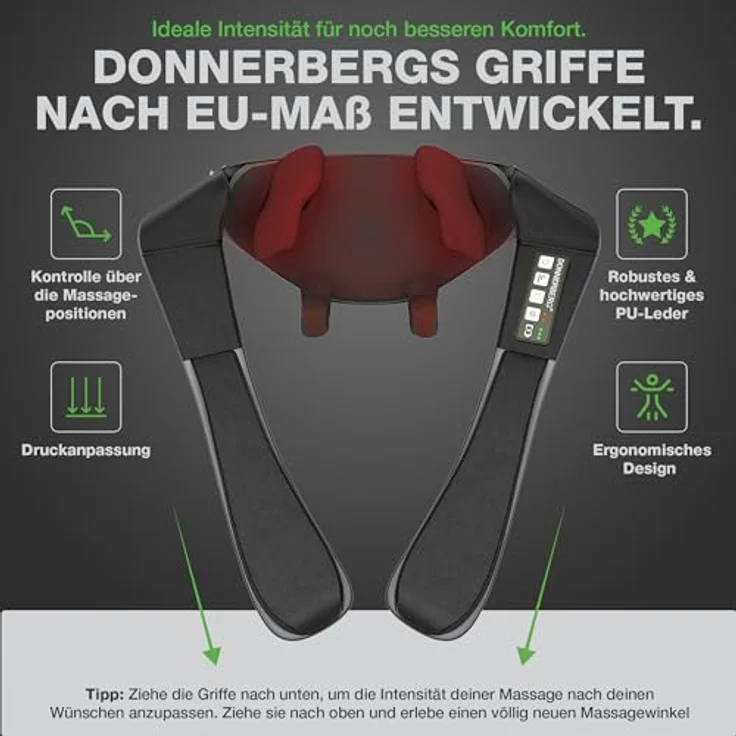 Donnerberg® Das Original Proneck Nackenmassagegerät mit Wärme MARKTNEUHEIT 2024, Kabellos, Markenakku, 7 Jahre Herstellergarantie - KNM-001, bionische Handtechnologie, zweistufige Wärmetechnologie, Samsung-Batterie, austauschbare Bezüge, punktuelle Massage, Schwarz – Bild 5