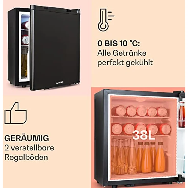 Klarstein Mini Kühlschrank 38L, leiser Kühlschrank für Getränke, Snacks & Kosmetik, verstellbare Ablagen, Temperatur 6-18°C, ideale Minibar für kleine Räume – Bild 4