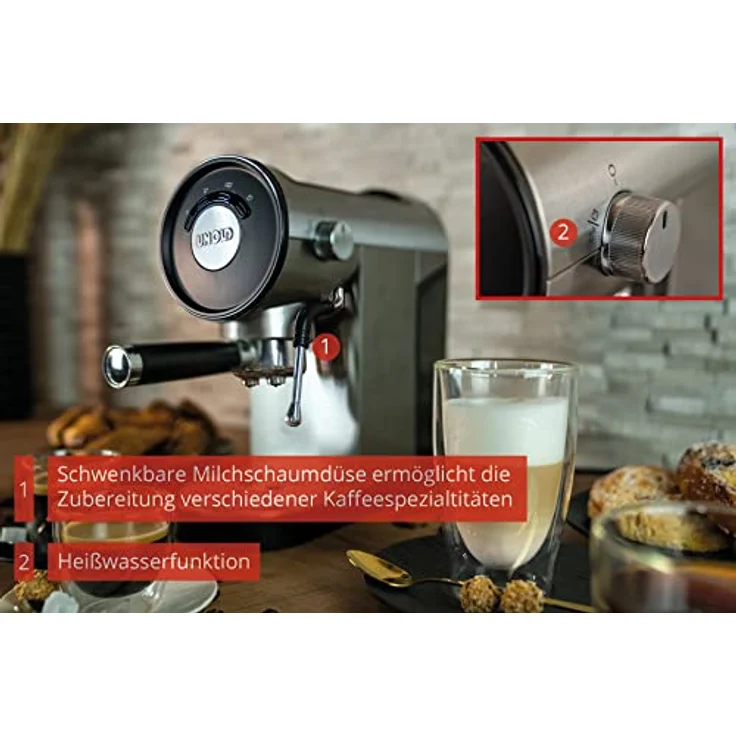 Unold Espressomaschine PICCOPRESSO 28636 | Espresso-Siebträgermaschine Edelstahl für 1-2 Tassen Espresso, mit schwenkbarer Milchschaumdüse, Heißwasserfunktion, 0,9 Liter Wassertank, 1150-1360 Watt – Bild 3