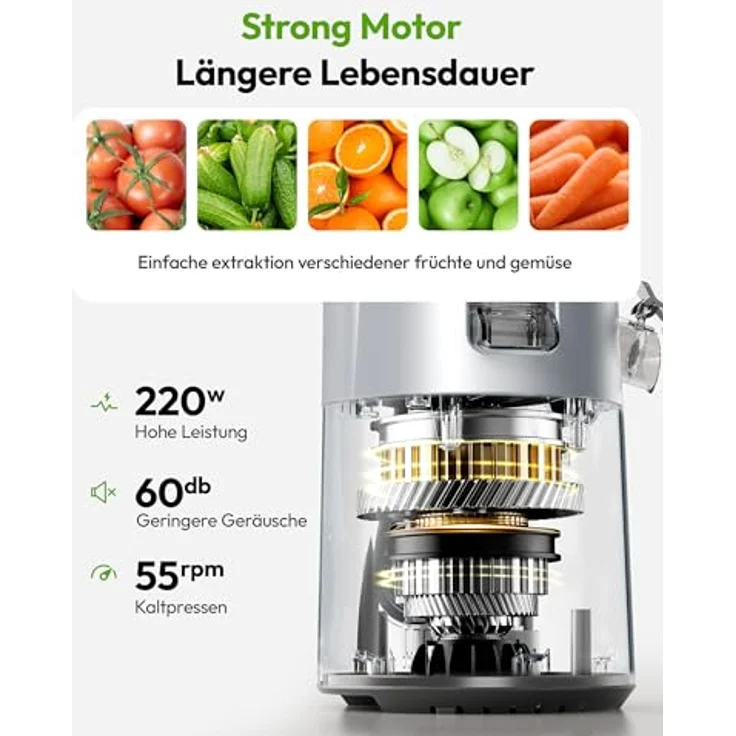 EUHOMY Slow Juicer, Kaltpress-Entsafter für ganze Gemüse und Obst, 135 mm XL-Einfüllschacht, 1,8 Liter Behälter, 220W leiser Motor – Bild 5