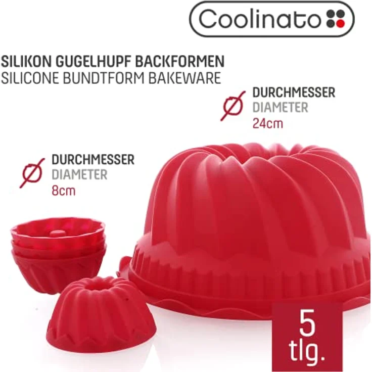 Coolinato 5er Set Silikon Gugelhupfformen rund, Rot, 1x groß 4x klein, Silikonformen zum Backen von großen und kleinen Gugelhupf Kuchen, inkl. 4 Rezepten – Bild 2
