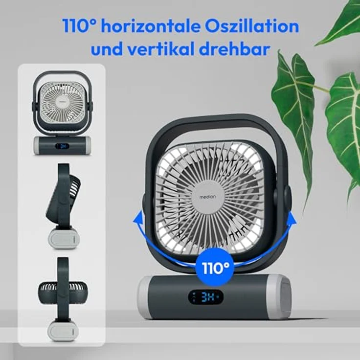 MEDION Tischventilator E10 TF, Camping-Ventilator mit 5 Geschwindigkeitsstufen, Fernbedienung, Oszillation, Akku, Powerbankfunktion und LED Licht – Bild 3