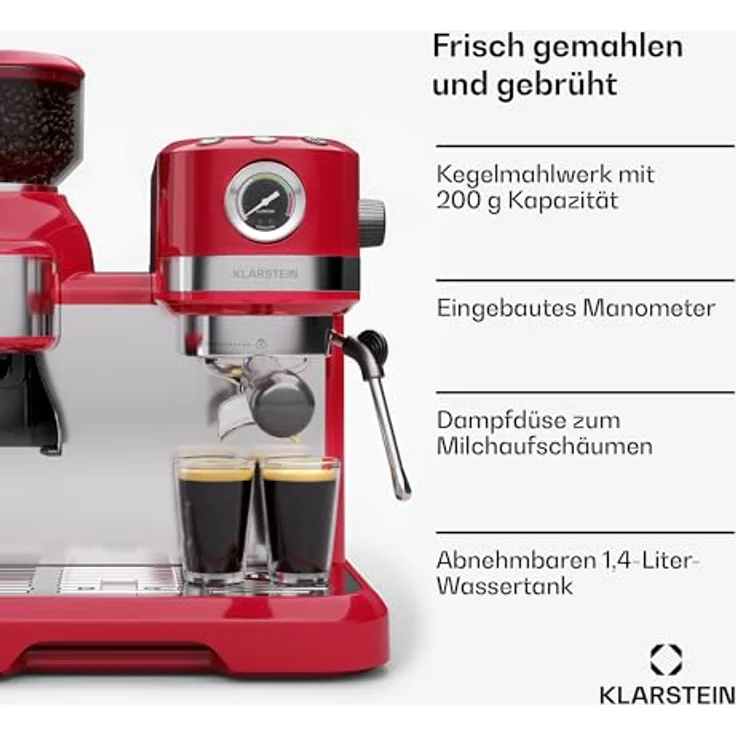 Klarstein Bella Café Siebträgermaschine Mit Mahlwerk – 19 Bar, 1.550 W, 1,4-l-Wassertank, Integriertes Kegelmahlwerk, Milchaufschäumer, 2 Tasseneinsätze, Kunststoff, Rot – Bild 2