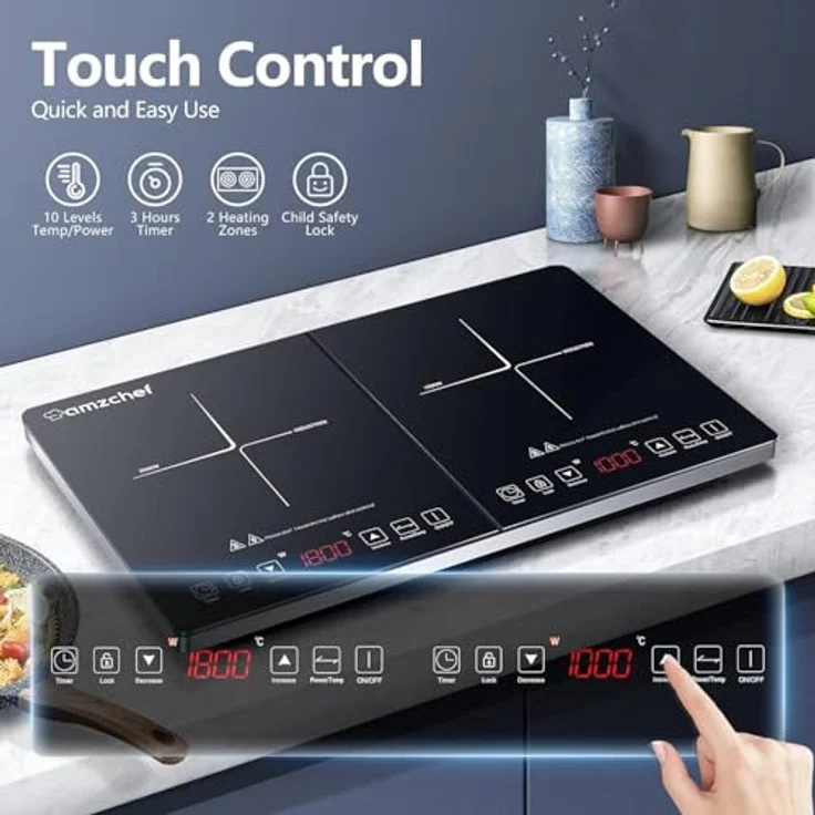 AMZCHEF induktionskochfeld 2 platten, Doppel-induktionskochplatte mit 20 Temperaturstufen, 3500W, 3-Stunden-Timer, Sicherheitssperre - Schwarz/silber – Bild 3