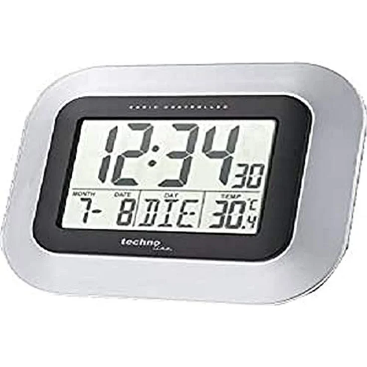 TechnoLine® WS 8005, digitale Funkwanduhr aus silbernem Aluminium mit Temperaturanzeige, Kalender und automatischer Zeitumstellung, 22,6 x 18,0 cm – Bild 1