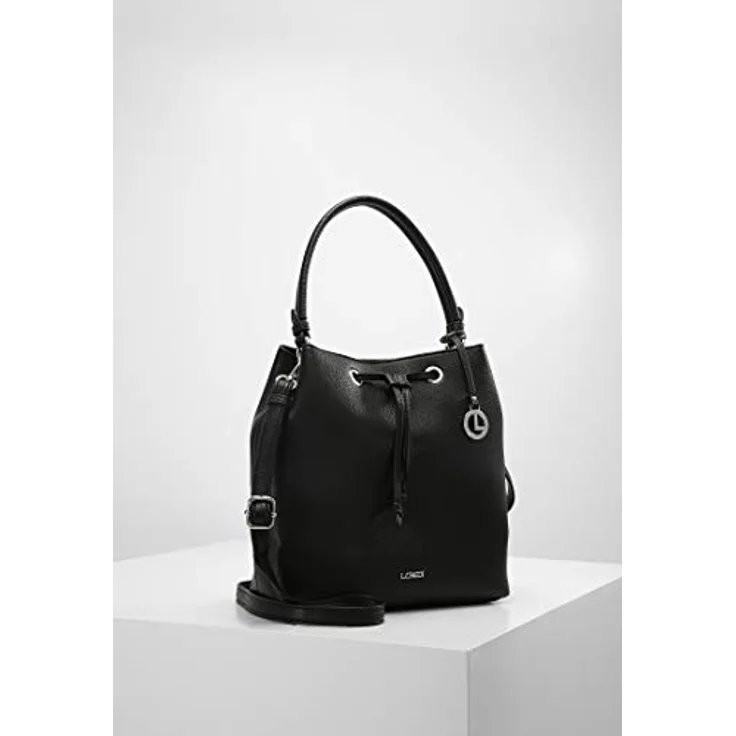 L.Credi Ebony Beuteltasche, Handtasche aus genarbtem Kunstleder mit Zugband-Reißverschluss, Schwarz, 28 cm – Bild 2