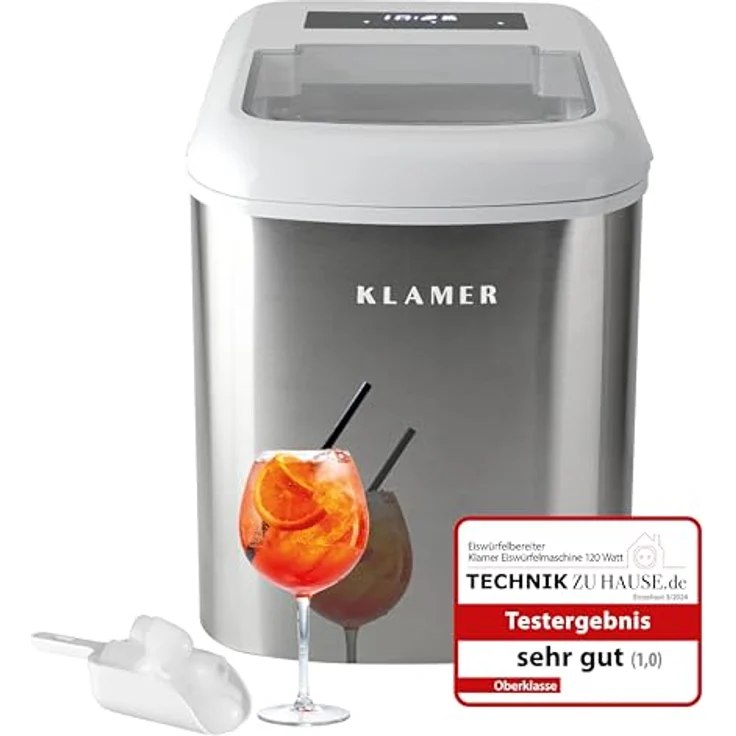 KLAMER Eiswürfelmaschine Weiss, 10 Eiswürfel in 7-9 Minuten, 15 kg Eiswürfel pro Tag, 2 Eiswürfelgrößen, 2,1 L Wassertank, 120 W Ice Maker mit Timer, Leiser Eiswürfelbereiter mit Eisschaufel – Bild 1