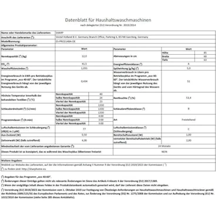 SHARP ES-PRO214BA-DE 2ML, Waschmaschine 12 kg, schwarz, mit AllergySmart, AquaStop und 15 Programmen – Bild 12