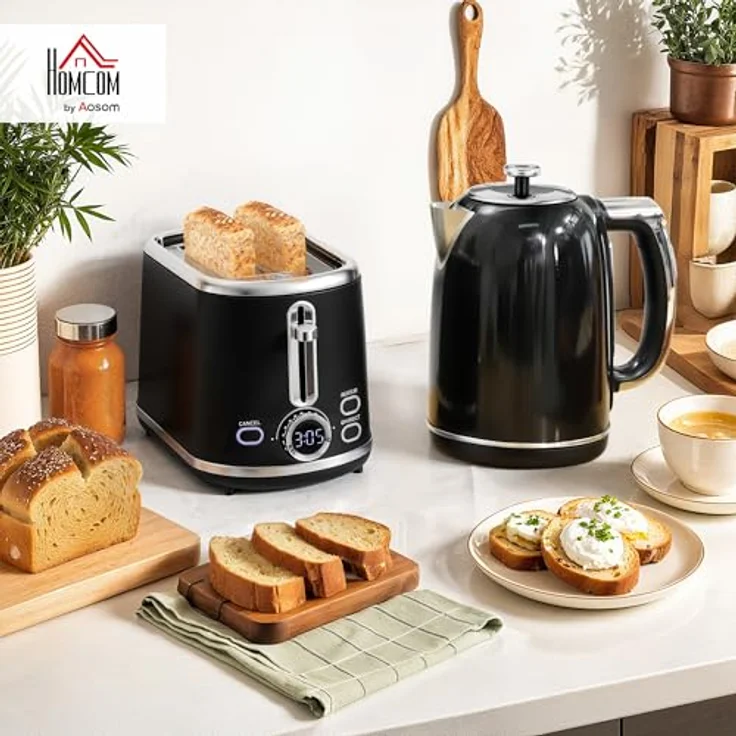 HOMCOM Wasserkocher-Toaster-Set, 1.7L mit Memory-Funktion, 2200W, LED-Display, Schwarz – Bild 2