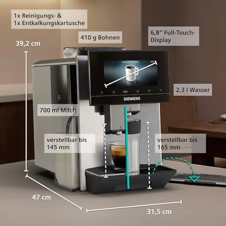 Siemens Kaffeevollautomat EQ900 plus, Edelstahl, 6.8'' TFT-Display, automatisches Reinigungssystem, 41 Heiß- und Kaltgetränke, XL-Getränke für To-Go-Becher, TQ923EZ3 – Bild 2