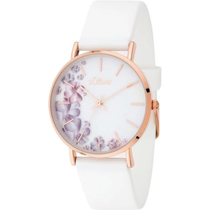 s.Oliver Damen Analog Quarz Armbanduhr SO-3706-PQ, roségoldfarbenes Metallgehäuse, weißes Silikonarmband, Blumen-Zifferblatt, 36 mm, 3 ATM wasserdicht – Bild 2