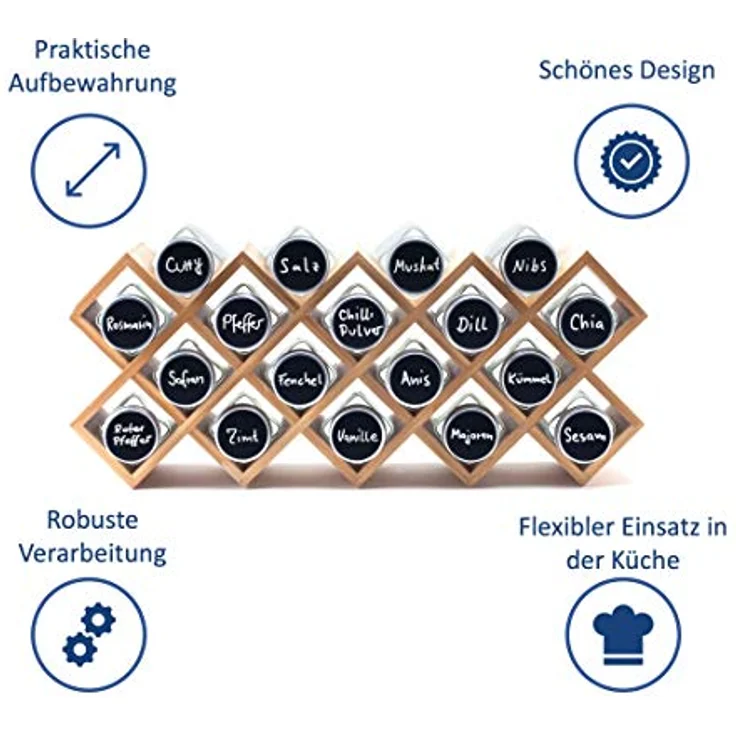 Hanseküche Gewürzregal aus Holz – FSC®-zertifiziert – Gewürzständer für den Schrank mit 18x Gewürzgläsern, Etiketten und Stift, Braun – Bild 4