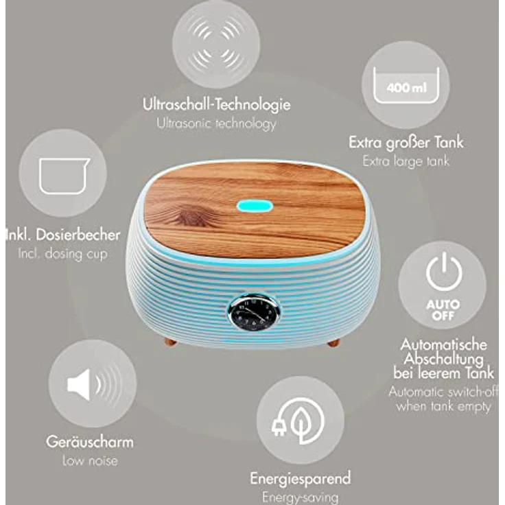 Aroma Diffuser Luftbefeuchter 400 ml, Leiser Aroma Diffuser für Ätherische Öle, Promed AL-400 CL Raumbefeuchter mit 7 LED Farben, Raumduft Ultraschall Luftbefeuchter mit Timer – Bild 3