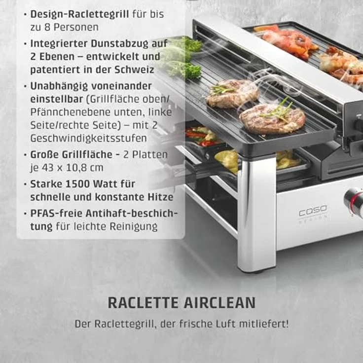 CASO Raclette AirClean, Raclettegrill mit Dunstabzug für 8 Personen, 1500 Watt, PFAS-freie Antihaft-Keramikbeschichtung, austauschbarer Geruchs- und Kohlefilter – Bild 2