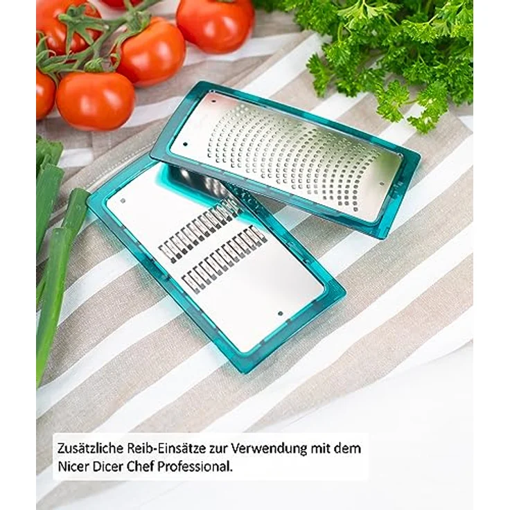 Nicer Dicer Chef Professional Gemüseschneider Reib-Einsätze | Set 2-tlg. - Zubehör, Julienne Reibe-Einsatz, Feiner Reibe-Einsatz, Schutzabdeckung. Gemüsereibe, Käsereibe – Bild 2