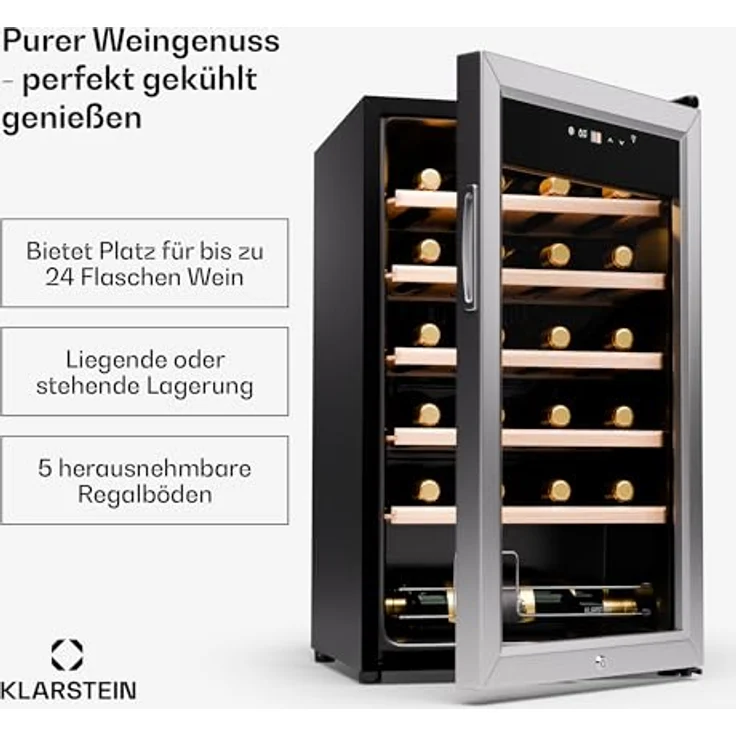 Klarstein Weinkühlschrank, 1 Zone Getränkekühlschrank, Leiser Indoor/Outdoor Kühlschrank, 63 Liter Flaschenkühlschrank Klein, Weinkühler für 24 Flaschen, 5-18°C, Gebürsteter Edelstahl – Bild 2
