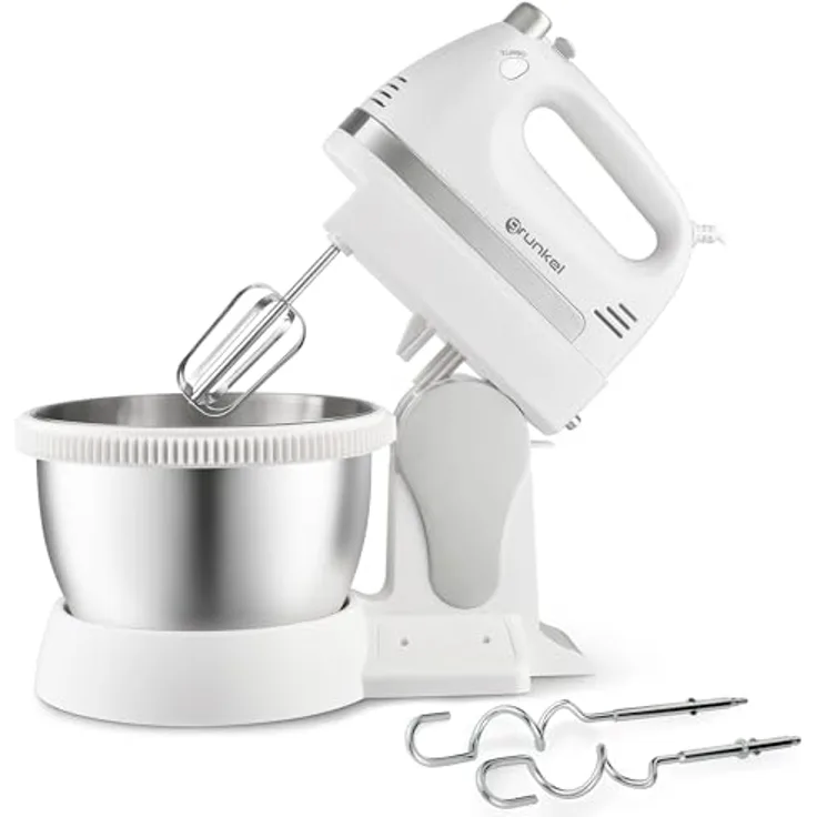 Grunkel - Mixer mit 5 Geschwindigkeiten AM-350TURB05BOWL - Inklusive Schüssel und zwei verschiedenen Rührstäbchen zum Mischen und Kneten, für Bäckerei und Gebäck - Weiß (350 W)