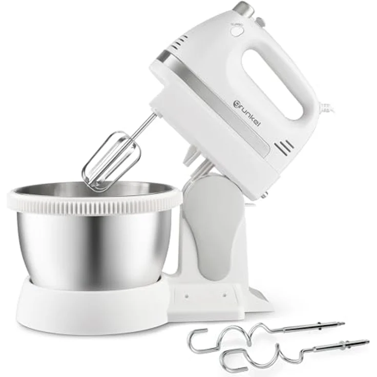 Grunkel - Mixer mit 5 Geschwindigkeiten AM-350TURB05BOWL - Inklusive Schüssel und zwei verschiedenen Rührstäbchen zum Mischen und Kneten, für Bäckerei und Gebäck - Weiß (350 W) – Bild 1