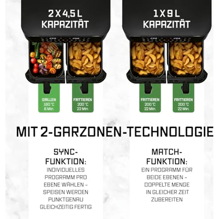 GOURMETmaxx Doppelkammer-Heißluftfritteuse 2 x 4,5 l mit Touchscreen, 12 Programmen und 3100 W Leistung – Bild 4