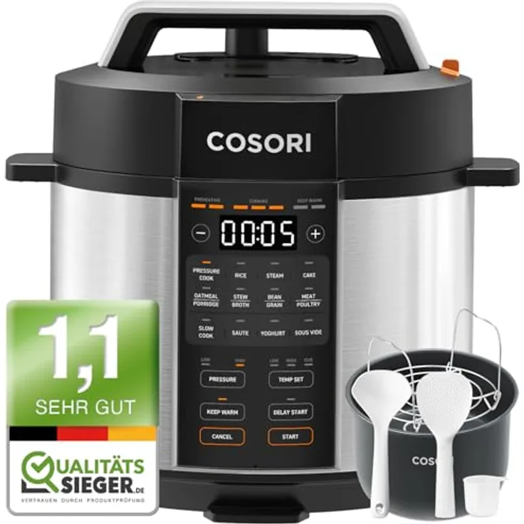 COSORI Schnellkochtopf, 9-in-1 Multikocher, 5,7 L Pressure Cooker, Edelstahl - 14 Funktionen, Rezeptbuch, lebenslanger Kundenservice